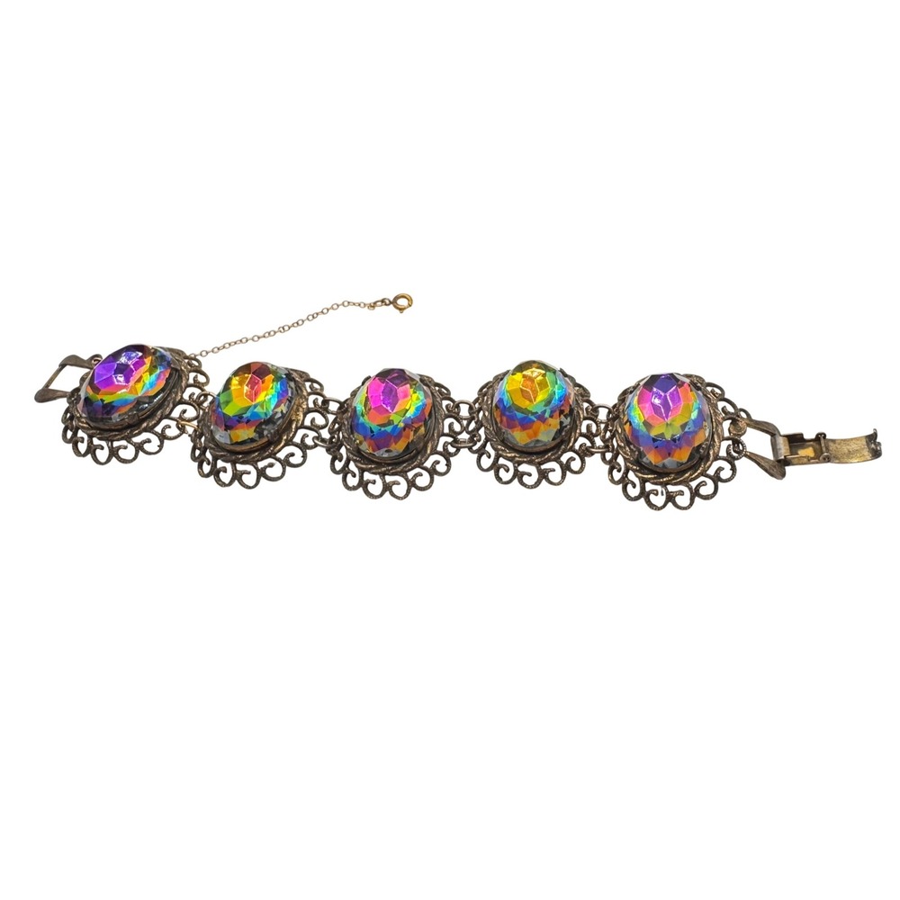 Vintage Watermelon Brass Filigree Statement Link Bracelet with safety chain